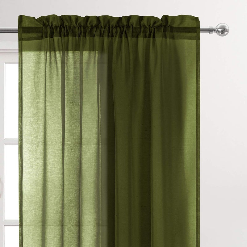 DWCN Olive Green Sheer Curtains Semi Transparent Voile Rod Pocket Curtains for Bedroom and Living Room, 52 x 84 inches Long, Set of 2 Panels - Image 2